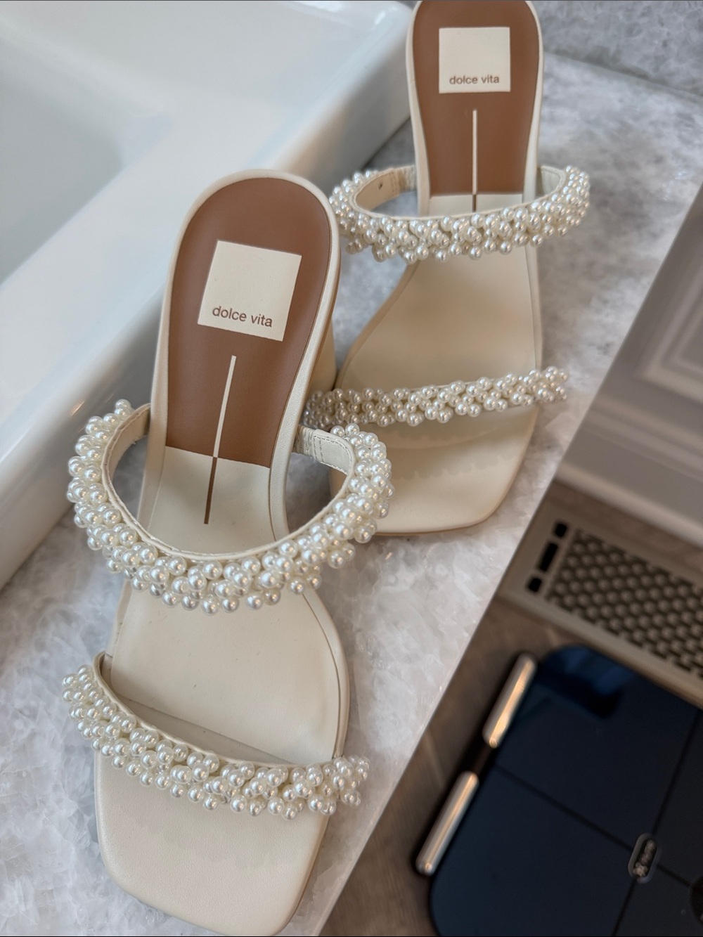 Dolce Vita Cream Pearl-Embellished Slide Sandals